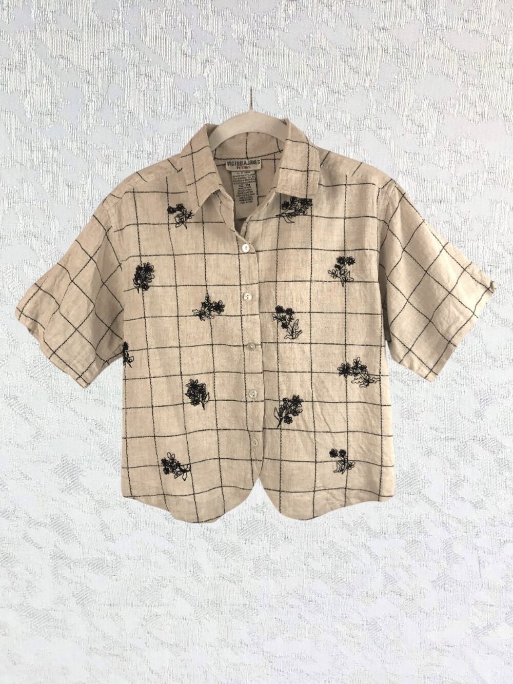 Victoria Jones Petites Vintage Embroidered Beaded Linen Blend Button Down Blouse